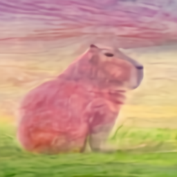 A crayon drawing of a capybara sitting in a field at sunrise